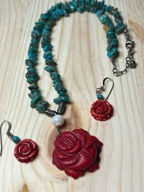 Red coral and Turquoise Floral Necklace and with Earrings